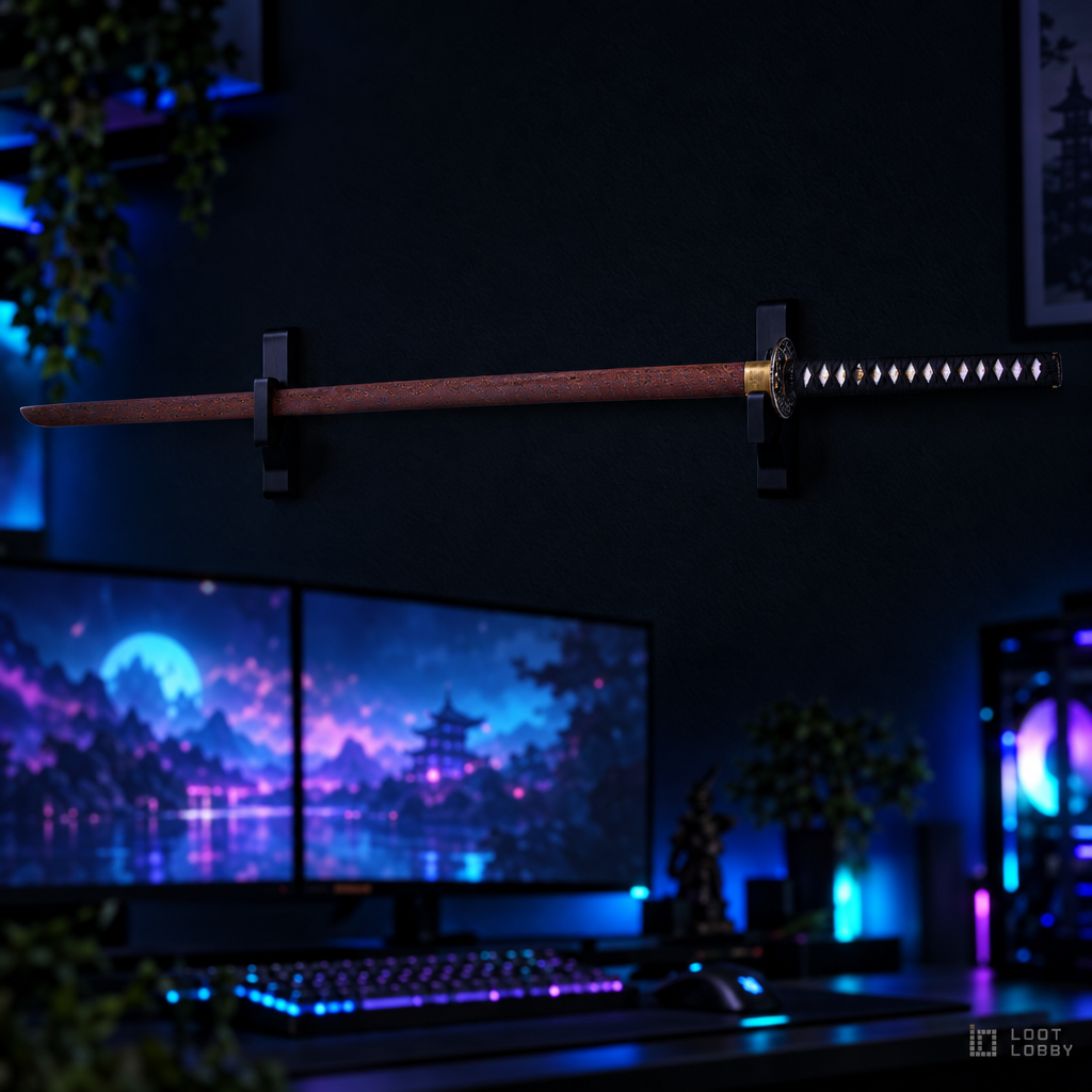 Damascus-pattern katana with premium crane guard in a dark gaming setup – Loot Lobby