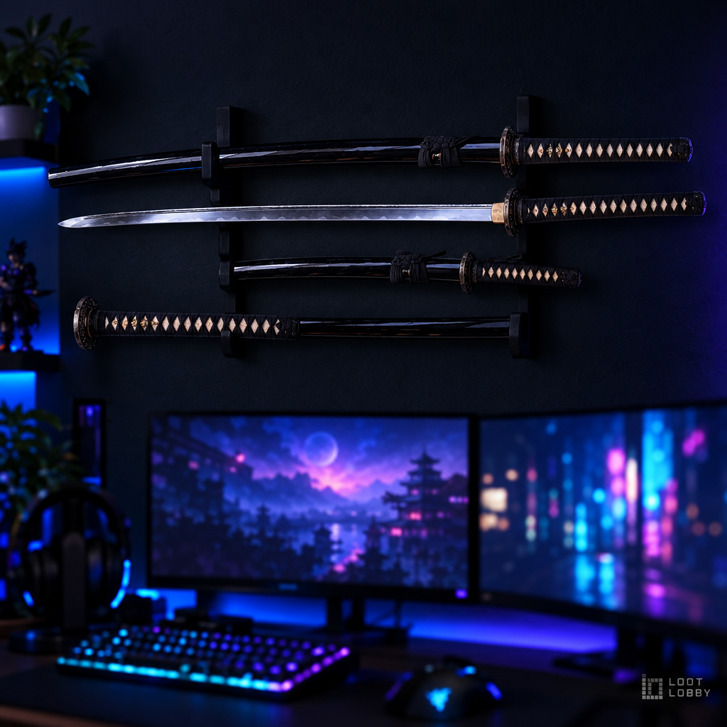 Katana with ray skin handle in a dark gaming setup – Loot Lobby