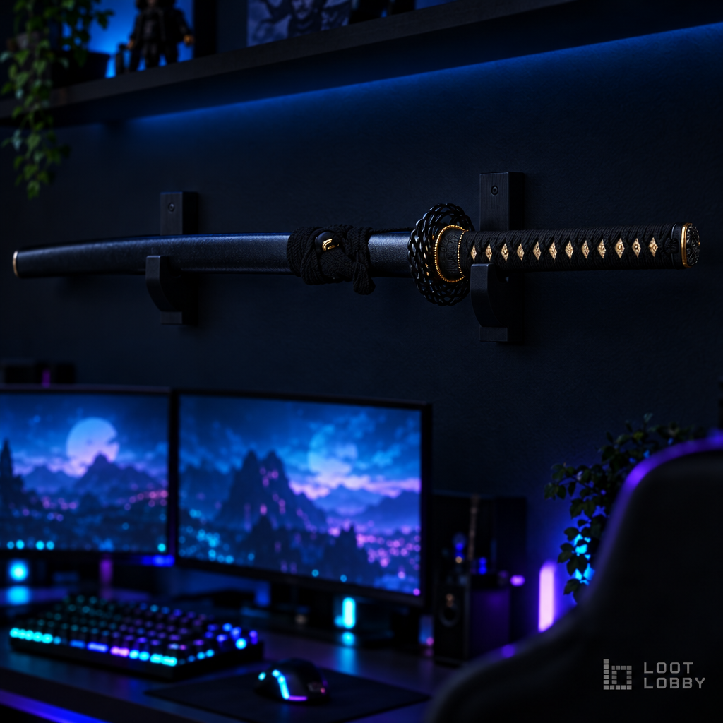 Full-tang crane-guard katana in a dark gaming setup – Loot Lobby
