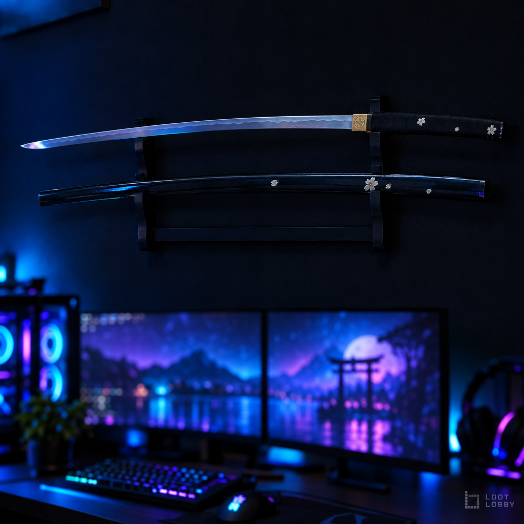 Black lacquer katana in a dark gaming setup – Loot Lobby