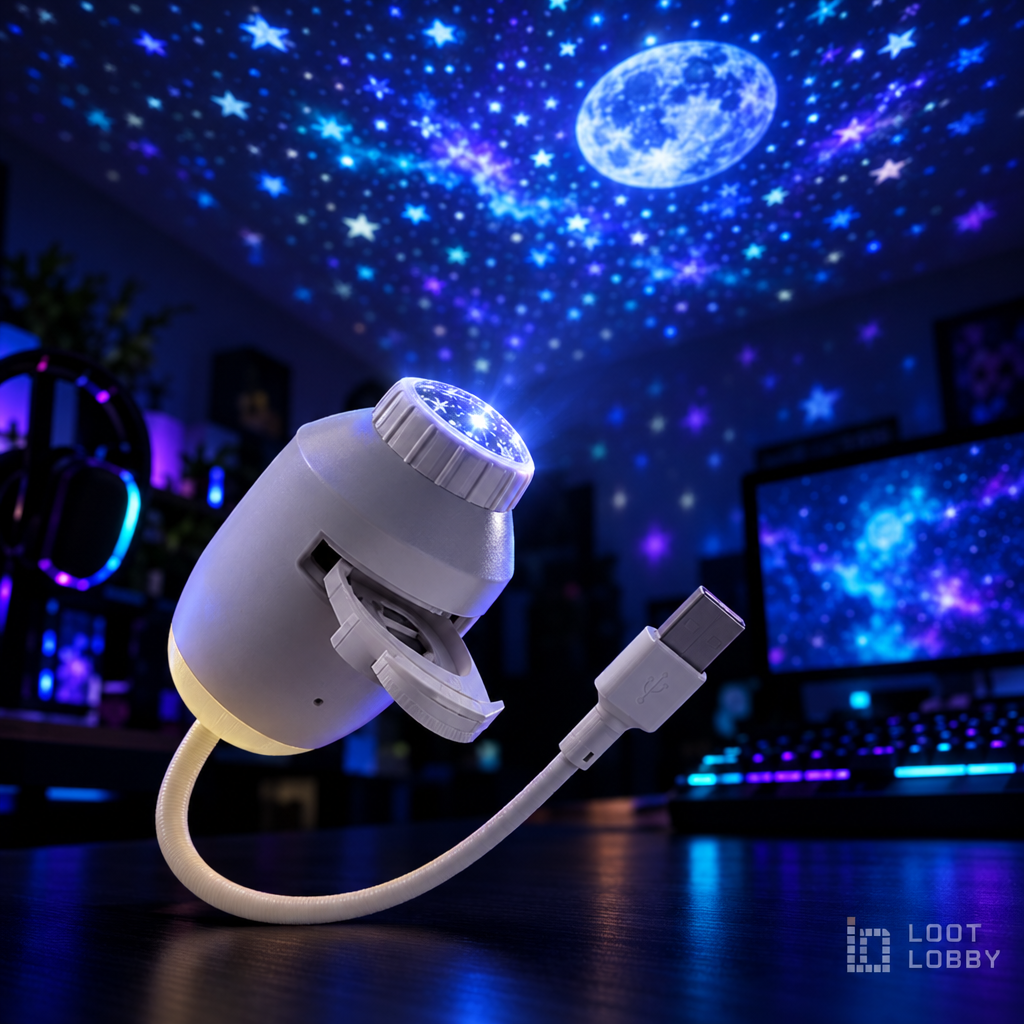 USB star projector night light in a dark gaming setup – Loot Lobby
