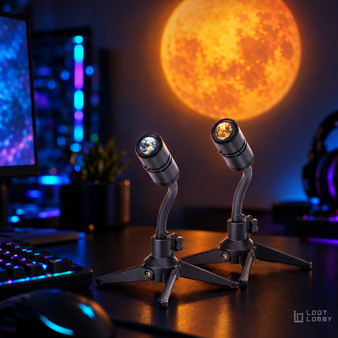 Sunset moon projector desk lamp in a dark gaming setup – Loot Lobby