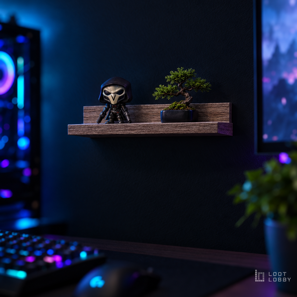 Floating wooden wall shelf in a dark gaming setup – Loot Lobby