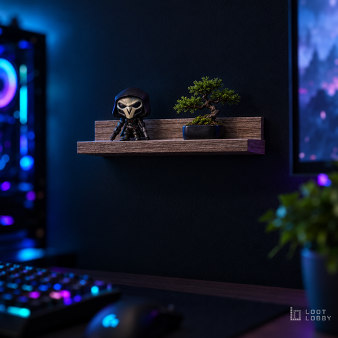 Floating wooden wall shelf in a dark gaming setup – Loot Lobby