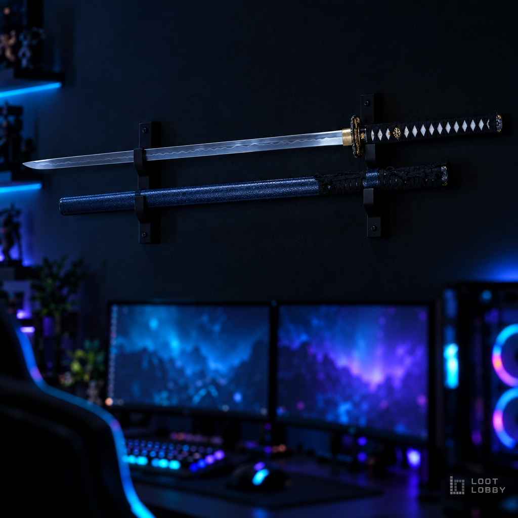 Spring steel katana with gold and silver accents in a dark gaming setup – Loot Lobby