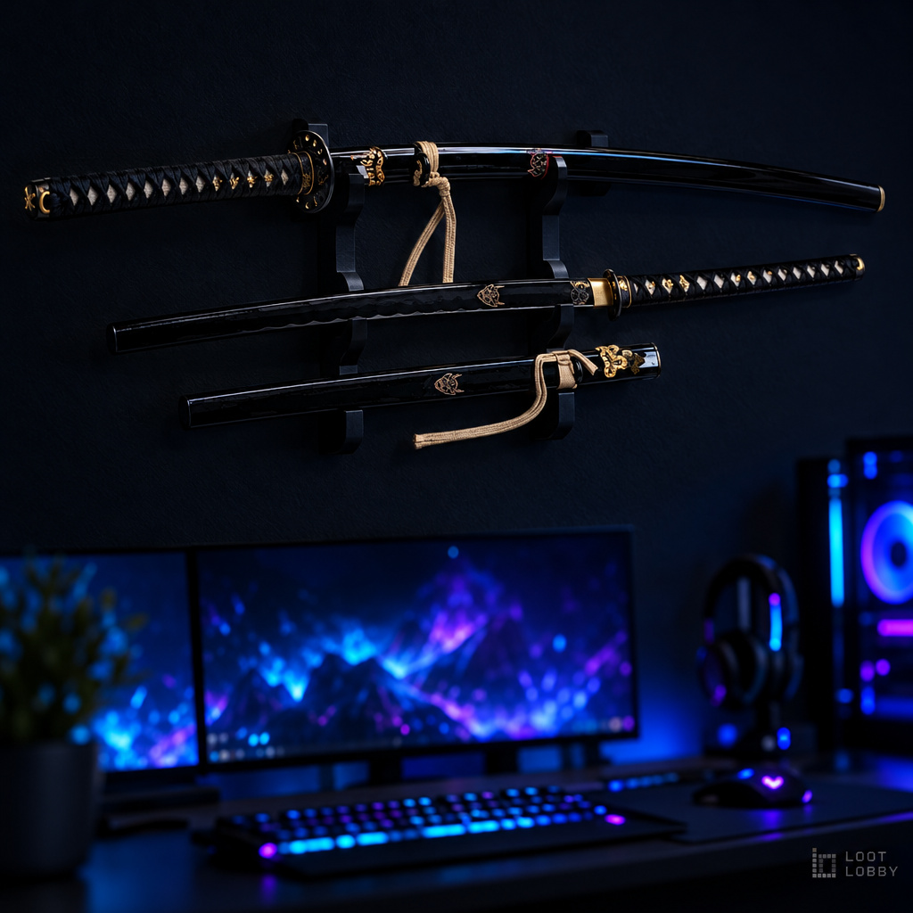 Katana with demon-mask motif in a dark gaming setup – Loot Lobby