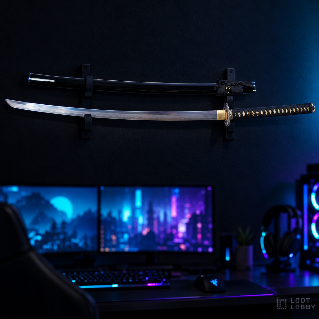 Clay-tempered laminated katana in a dark gaming setup – Loot Lobby