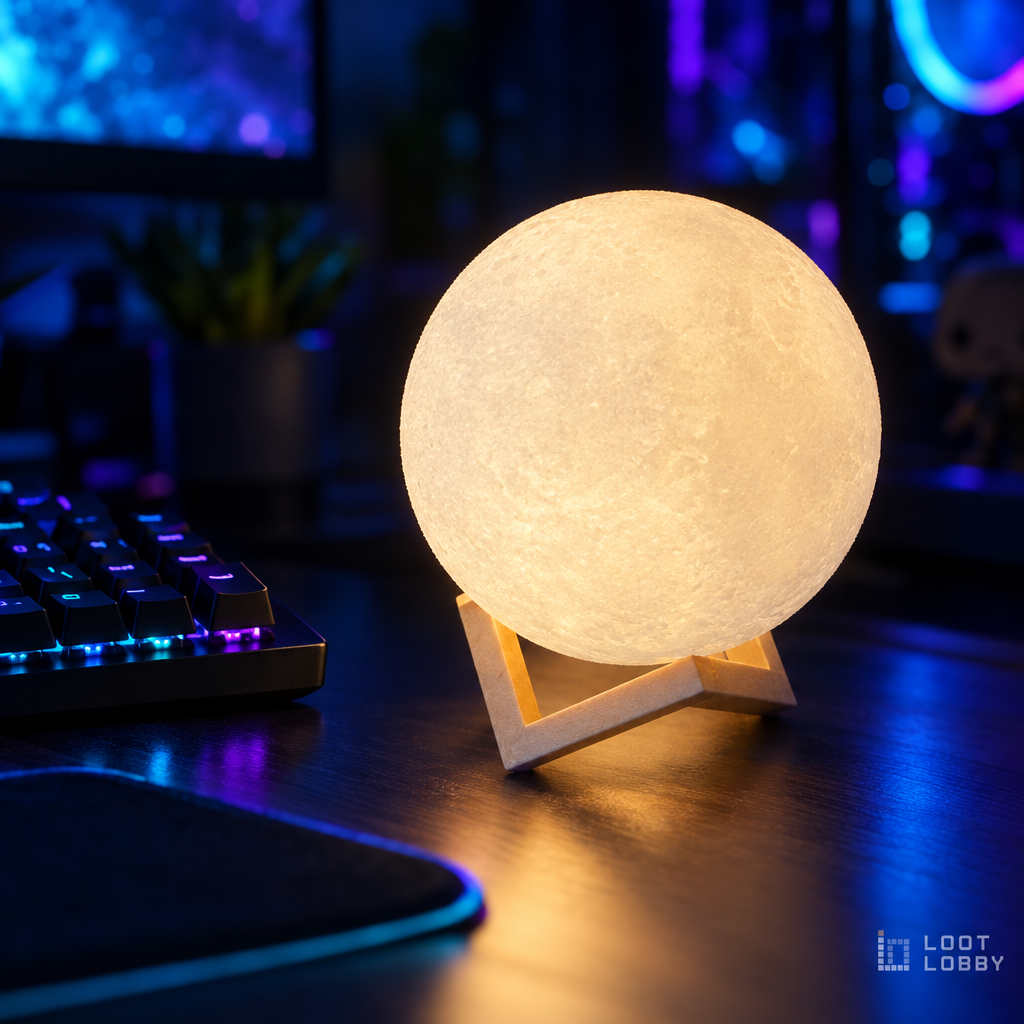 3D moon lamp in a dark gaming setup – Loot Lobby