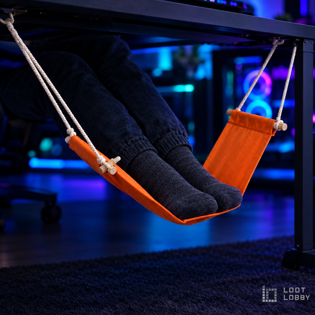 Under-desk foot hammock in a dark gaming setup – Loot Lobby