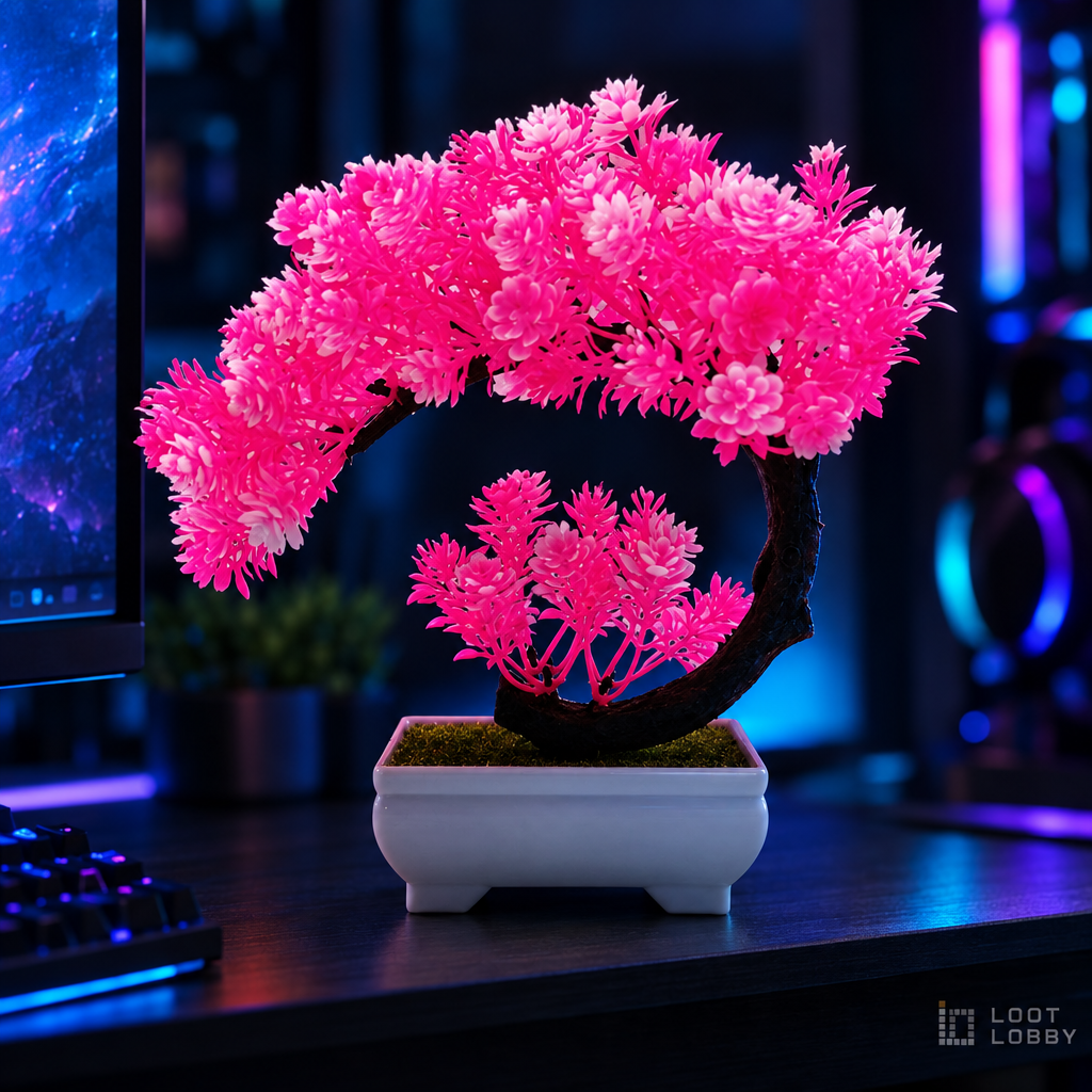 Moon camellia artificial bonsai in a dark gaming setup – Loot Lobby