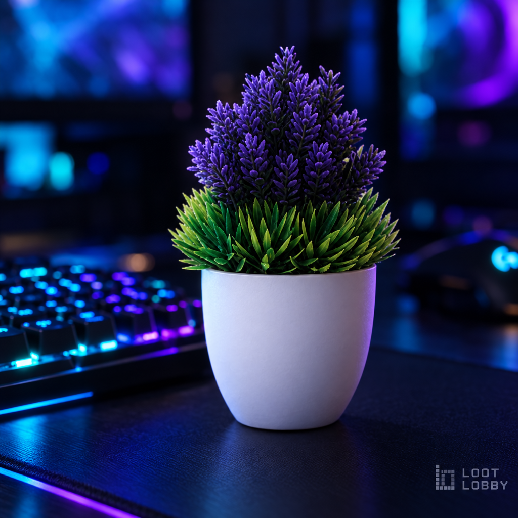 Cherry snowball artificial bonsai in a dark gaming setup – Loot Lobby