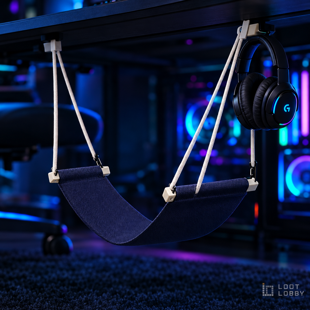 Foot hammock with earphone holder in a dark gaming setup – Loot Lobby