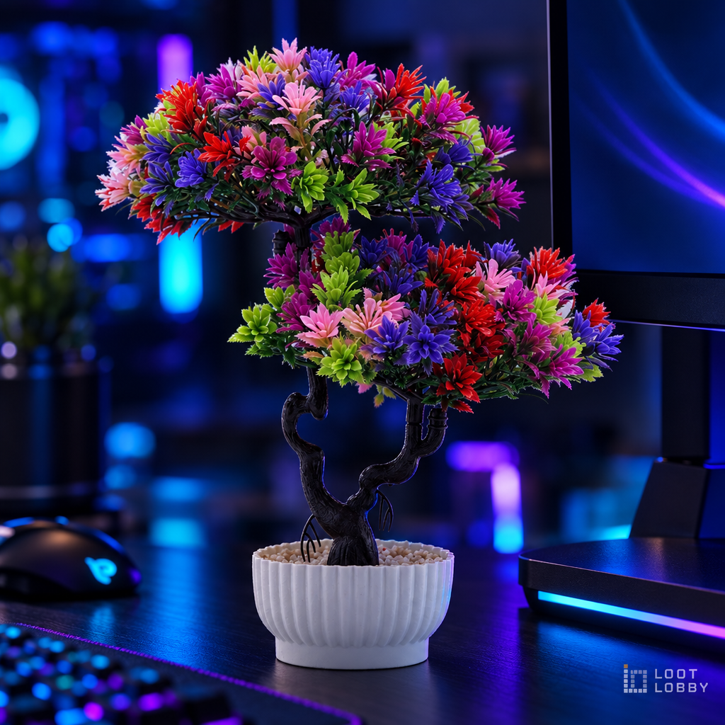Welcome pine artificial bonsai in a dark gaming setup – Loot Lobby