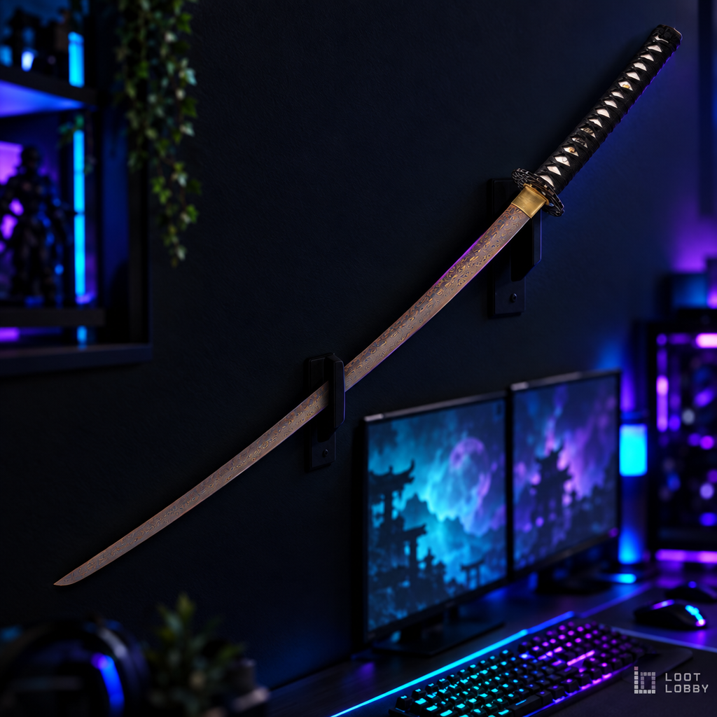Damascus Pattern Carbon Steel Katana – Crane Tsuba, Razor Sharp | Loot Lobby