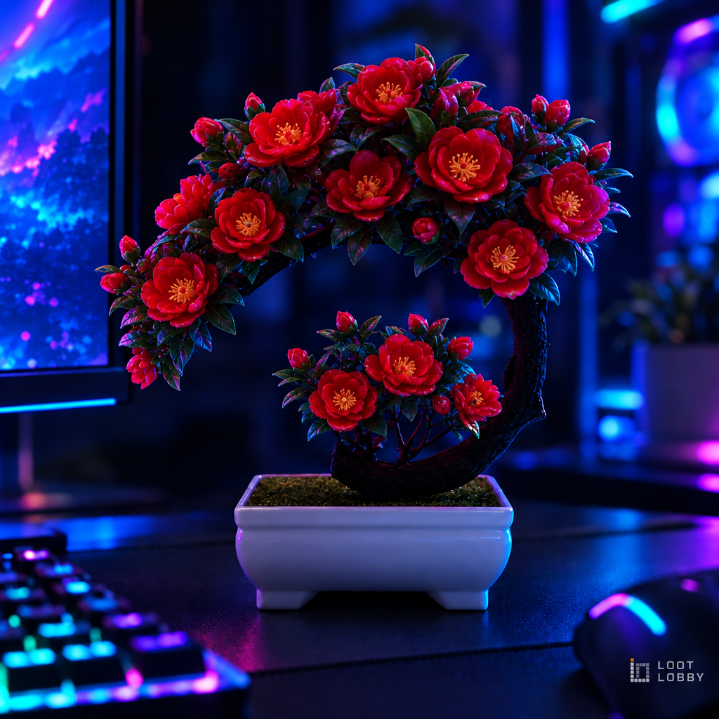 Moon Camellia Artificial Bonsai - Red Lotus