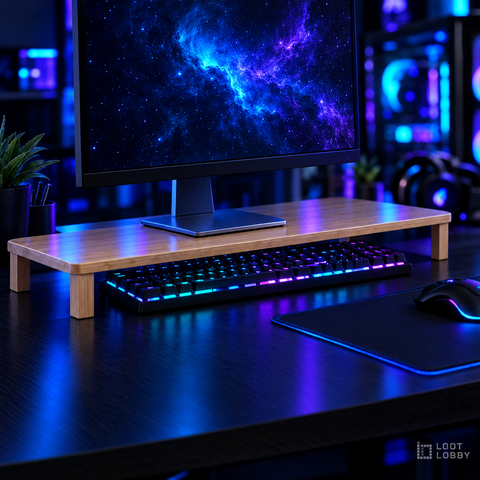 Loot Lobby – bamboo monitor riser in natural in a gaming setup