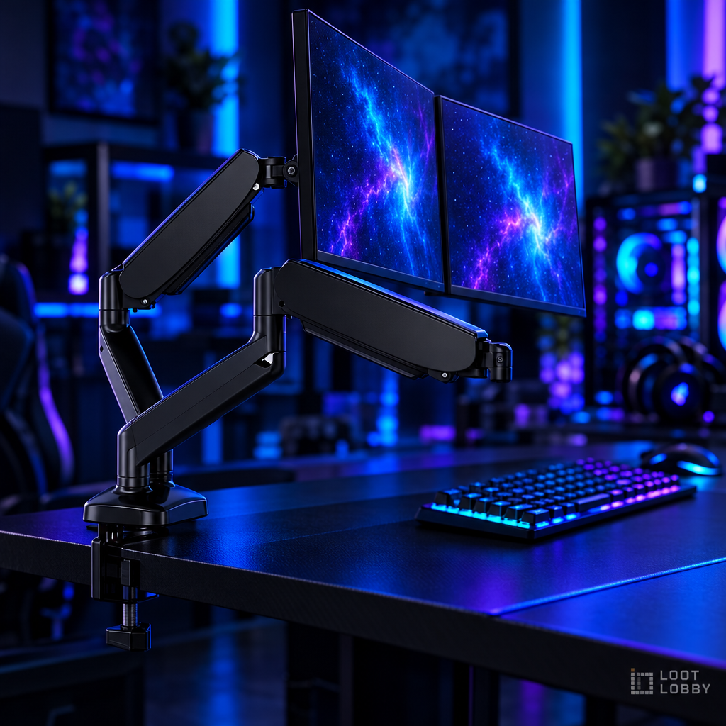 Loot Lobby – dual gas spring monitor arm in a gaming setup