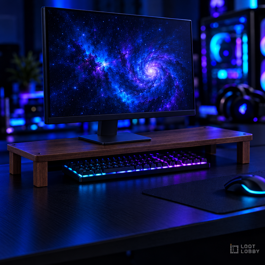 Loot Lobby – bamboo monitor riser in walnut in a gaming setup
