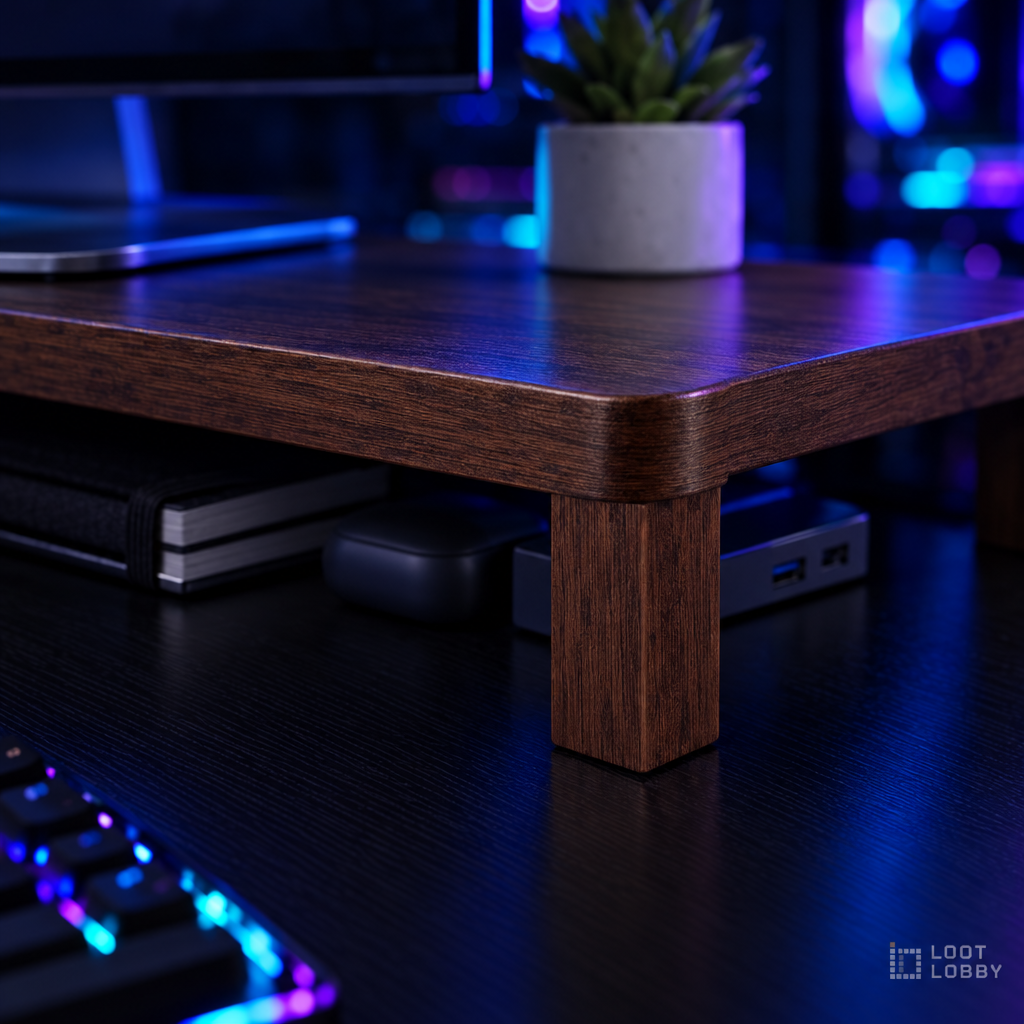 Loot Lobby – bamboo monitor riser, walnut detail