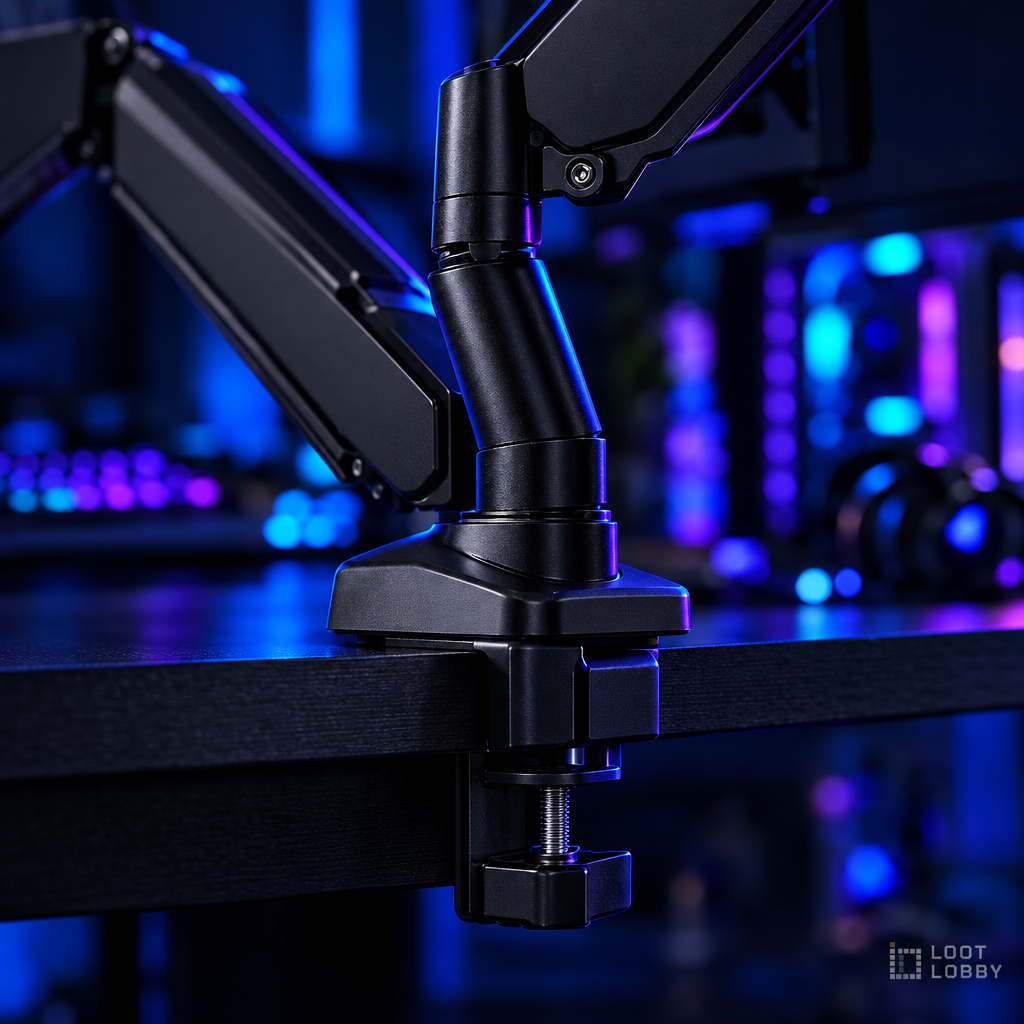 Loot Lobby – dual gas spring monitor arm, clamp detail