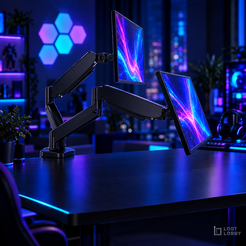 Loot Lobby – dual gas spring monitor arm, wide view