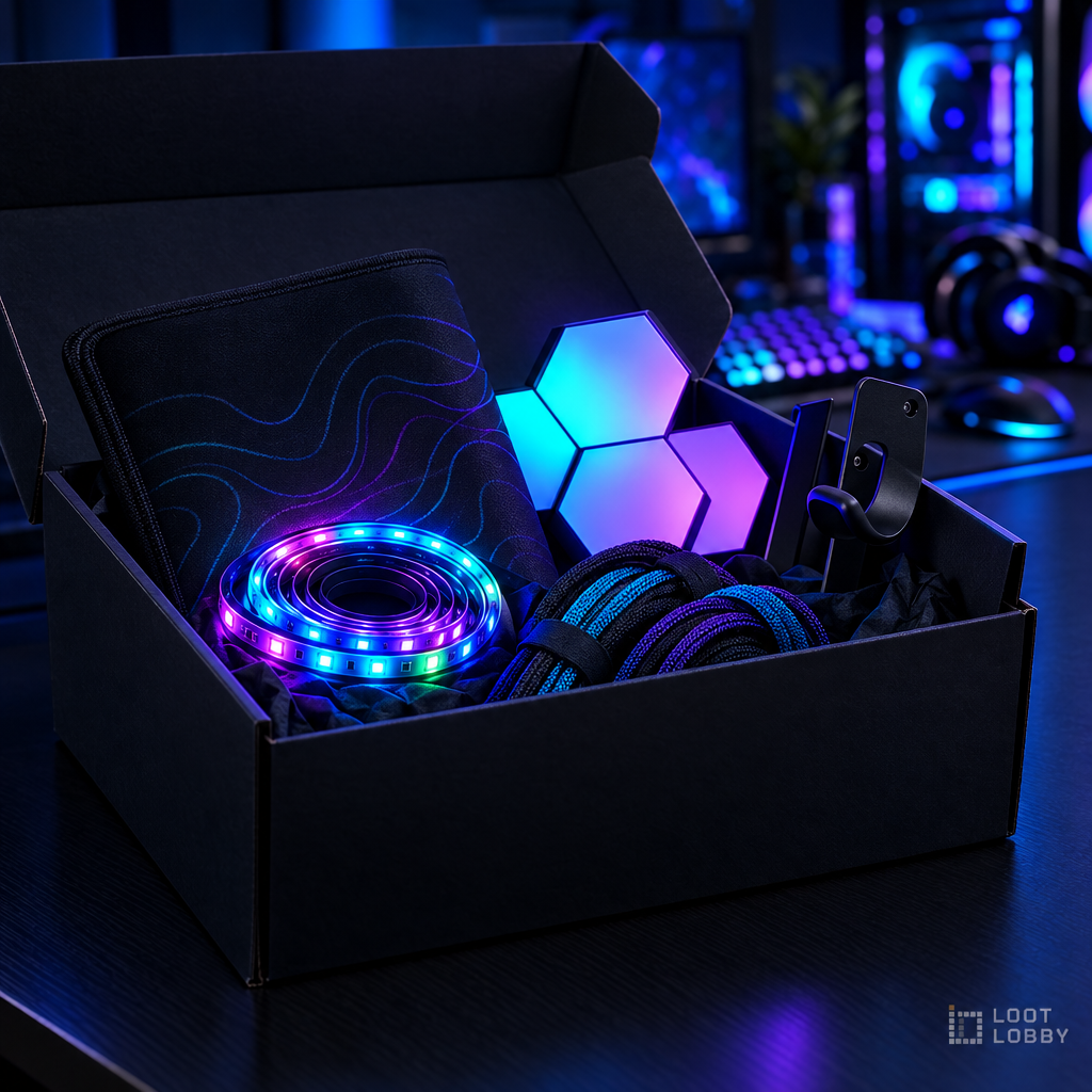 An open box of gaming setup accessories on a glowing desk