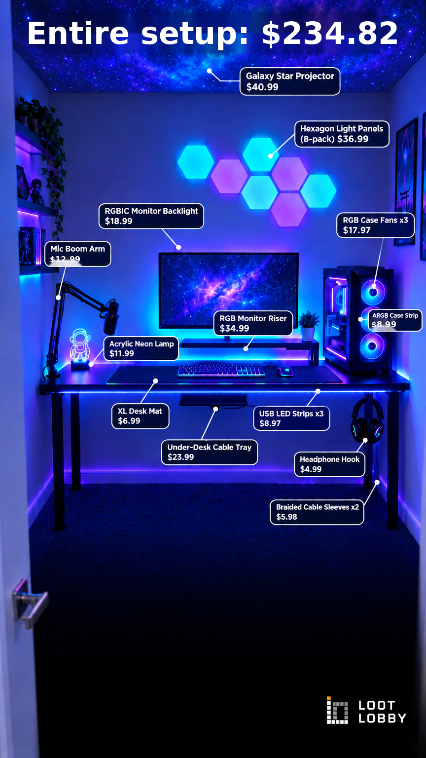 The 13-piece gaming room setup priced at Loot Lobby: $234.82